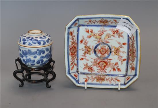 A Chinese Imari canted square dish and a small U-shaped jar, cover and stand, Kangxi period